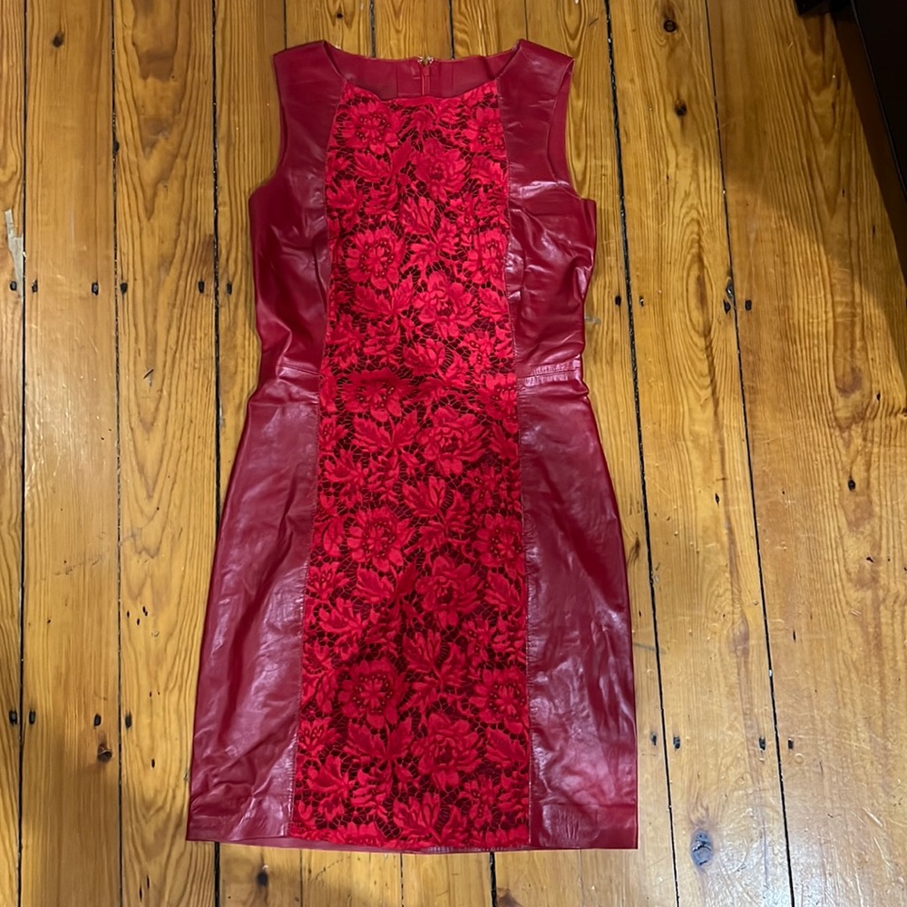 Red Leather and Lace Valentino Dress, Size 6